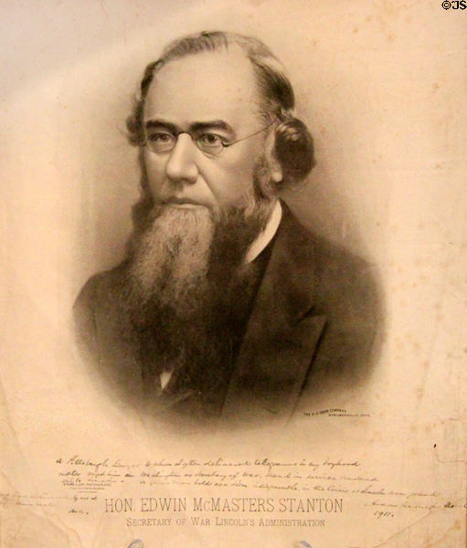 Poster of Edwin Stanton, Lincoln's Secretary of War, signed by Andrew Carnegie with note about Carnegie's service as telegrapher in Civil War at Andrew Carnegie Birthplace Museum. Dunfermline, Scotland.