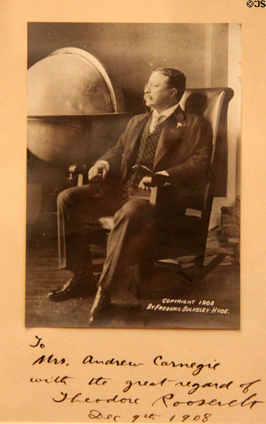 Signed Theodore Roosevelt photo inscribed to family friend Mrs. Andrew Carnegie (1908) at Andrew Carnegie Birthplace Museum. Dunfermline, Scotland.