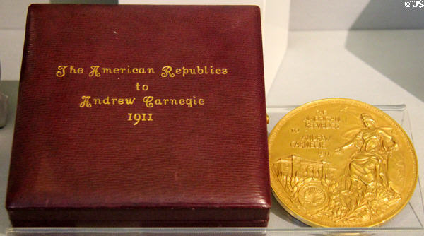 Pan-American Gold Pease Medal (1911) by Tiffany & Co. given to Carnegie for his donation to build organization's headquarters in Washington, DC at Andrew Carnegie Birthplace Museum. Dunfermline, Scotland.