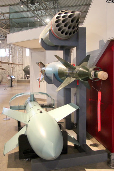 Matra 2" rocket launcher (1960s) (top), Paveway II laser guided bomb (1970s), & Ruhrstahl 'Fritz X' guided bomb (1943) (bottom) at National Museum of Flight. East Fortune, Scotland.