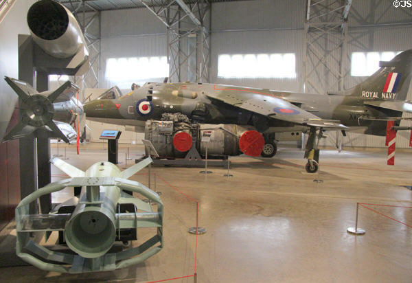Side view of Hawker Siddeley Harrier jump jet (1966) at National Museum of Flight. East Fortune, Scotland.
