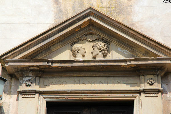 Pediment & Latin inscription, taken from Horace, over front door at Newhailes. Musselburgh, Scotland.