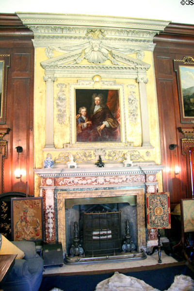 Ornate chimneypiece, with plasterwork by Thomas Clayton in Library at Newhailes. Musselburgh, Scotland.