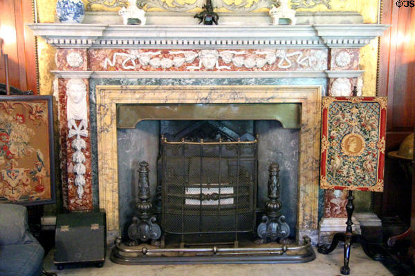 Polychrome marble chimneypiece flanked by firescreens in Library at Newhailes. Musselburgh, Scotland.