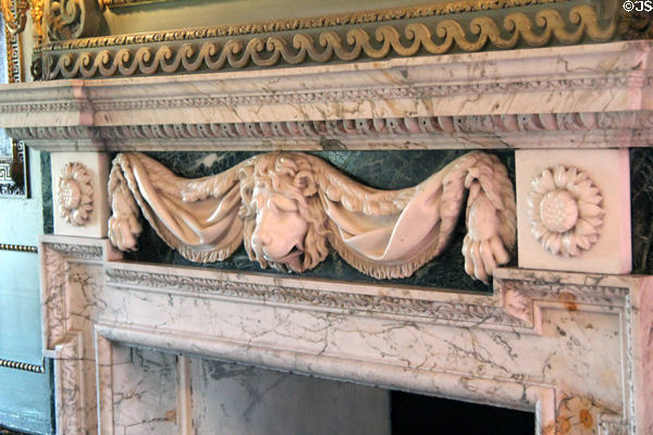 Marble chimneypiece with lion head detail by Henry Cheere in dining room at Newhailes. Musselburgh, Scotland.
