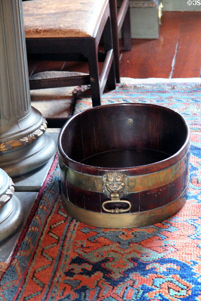 Wooden wine cooler with brass binding & handles in dining room at Newhailes. Musselburgh, Scotland.