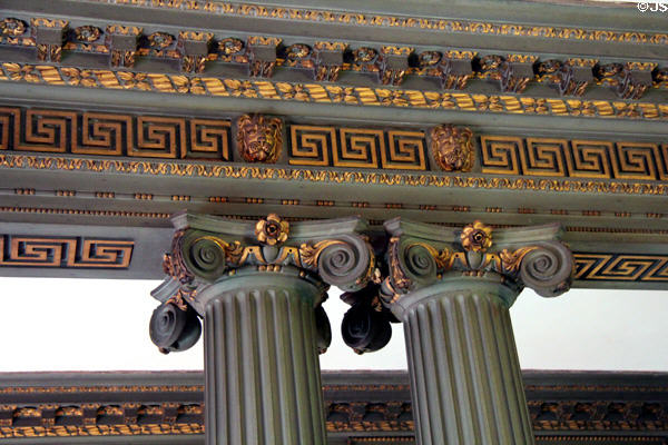 Ionic columns & highly decorative crown molding in dining room at Newhailes. Musselburgh, Scotland.
