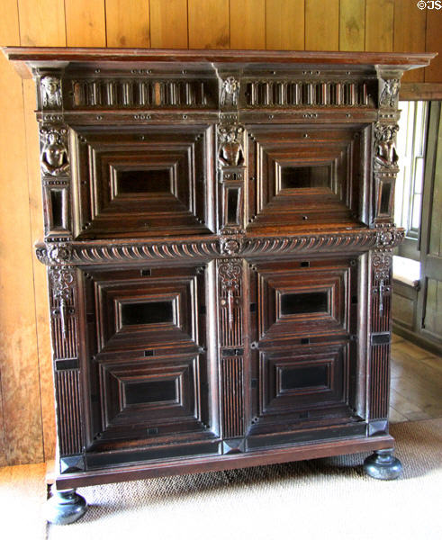 Carved high chest (1600s) in High Hall at Culross Palace. Culross, Scotland.