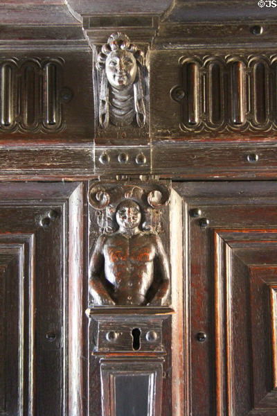Carving detail on high chest (1600s) in High Hall at Culross Palace. Culross, Scotland.