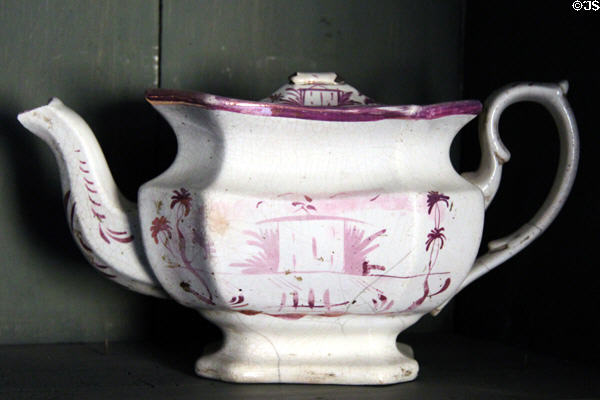 Ceramic teapot with lusterware design in Withdrawing room at Culross Palace. Culross, Scotland.