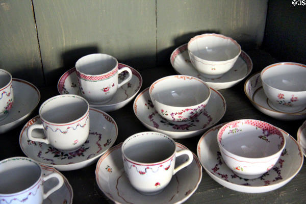Collection of teacups in Withdrawing room buffet at Culross Palace. Culross, Scotland.