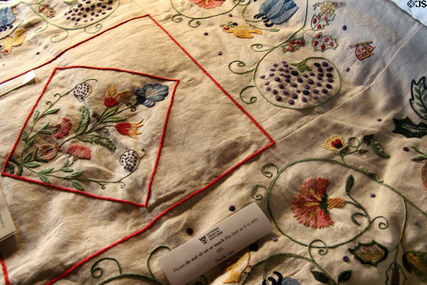 Embroidered bedspread in principal strangers room at Culross Palace. Culross, Scotland.