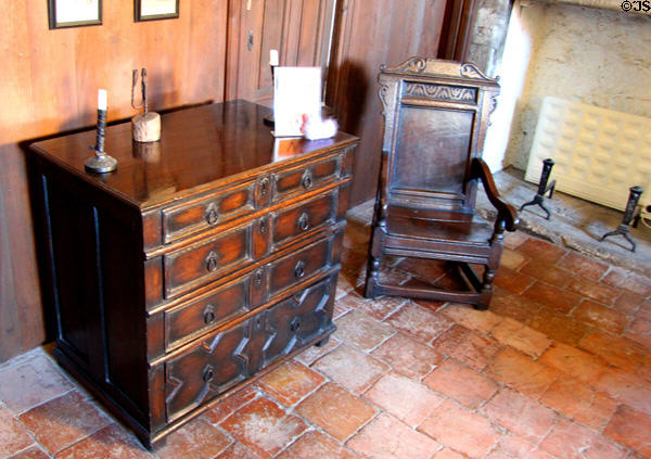 Chest of drawers & great chair in Lairds room at Culross Palace. Culross, Scotland.