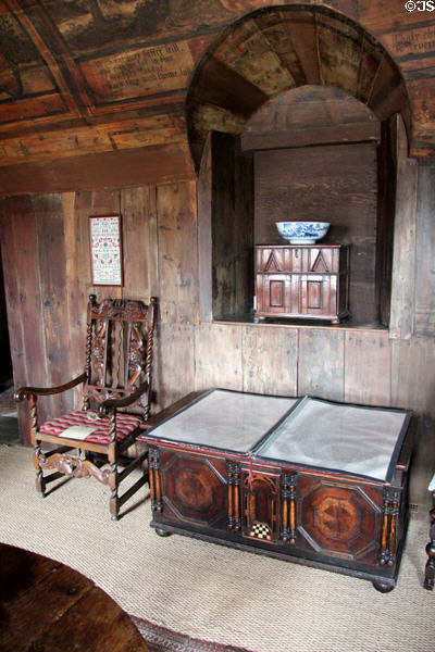Armchair & chest in painted chamber at Culross Palace at Culross Palace. Culross, Scotland.