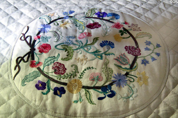 Embroidery in garden room at Culross Palace. Culross, Scotland.