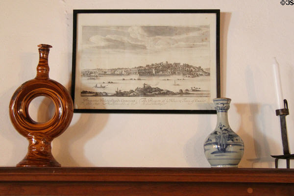 Ceramics on mantle under graphic (17thC) of Culross town prospect at The Study. Culross, Scotland.