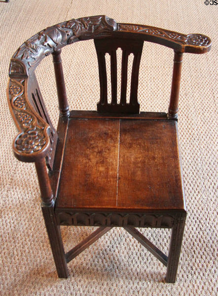 Carved corner chair at The Study. Culross, Scotland.