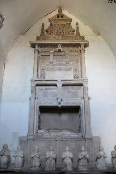 Family tomb (1642) of Sir George Bruce of Carnock builder of mining industry & castle in Culross at Culross Abbey Church. Culross, Scotland.
