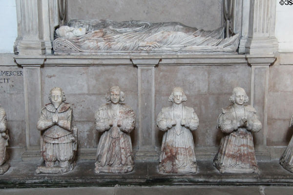 Kneeling sculpted children of Sir George Bruce of Carnock before his tomb at Culross Abbey Church. Culross, Scotland.