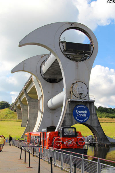 Falkirk Wheel moves boats between elevated & lower level sections of canal. Falkirk, Scotland.