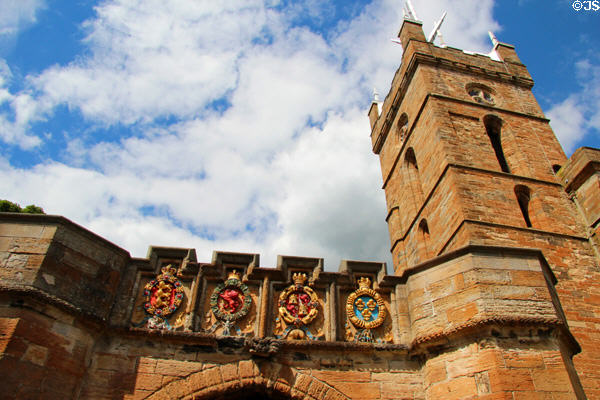 Gate leading to Linlithgow Palace beside tower of St Michael Church. Linlithgow, Scotland.