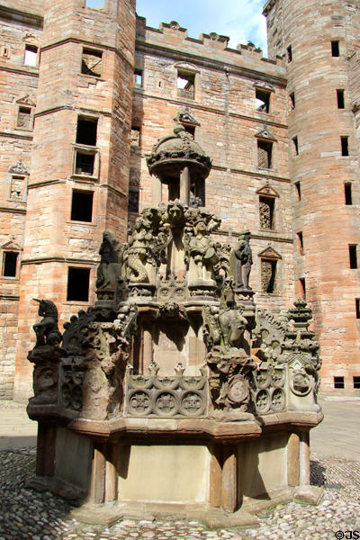 Carved hexagonal fountain (c1538) in courtyard of Linlithgow Palace. Linlithgow, Scotland.