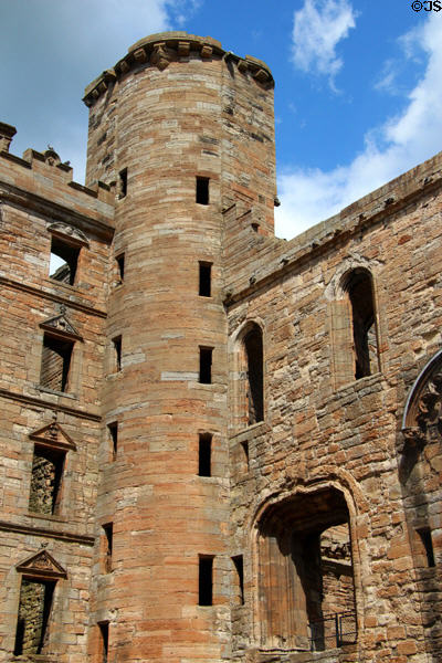 Stairwell tower in corner of courtyard of Linlithgow Palace. Linlithgow, Scotland.