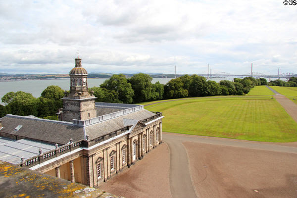 Adam Stables & Firth of Forth rail & road bridges from viewing platform at Hopetoun House. Queensferry, Scotland.