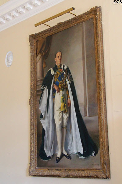 Portrait of Victor Alexander John, 2nd Marquess of Linlithgow, Viceroy of India, wearing robes of Knights of the Thistle, painted by Sir Oswald Birley in the Hall at Hopetoun House. Queensferry, Scotland.