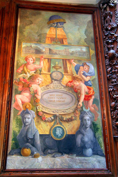 Painted panel memorial to Lady Linlithgow, wife of 3rd Marques by William McLaren on staircase at Hopetoun House. Queensferry, Scotland.