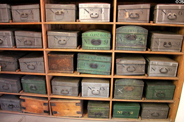 Deed boxes (18thC) used to safeguard documents in the Charter Room at Hopetoun House. Queensferry, Scotland.