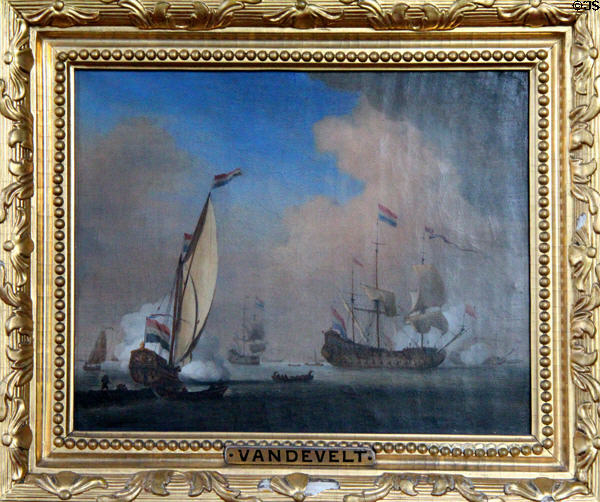 Ships Exchanging a Salute by William van de Velde in Small Library at Hopetoun House. Queensferry, Scotland.