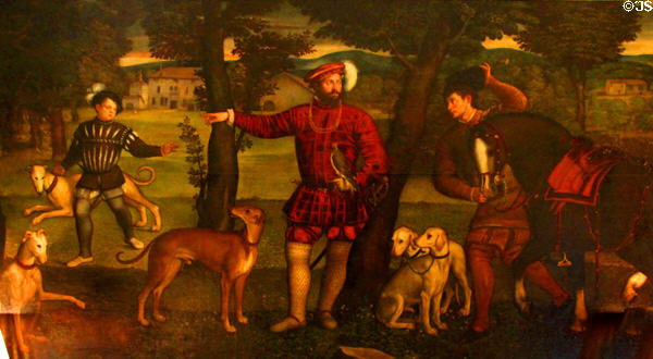 A Venetian Nobleman with Huntsman in a Wood painting (16thC) by Francesco Beccaruzzi in Yellow Drawing Room at Hopetoun House. Queensferry, Scotland.