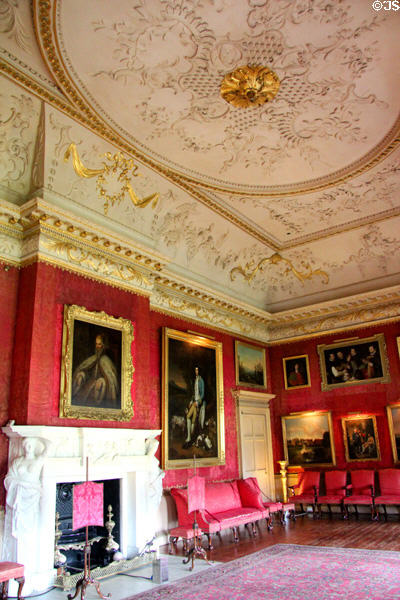 The Red Drawing Room designed by Robert Adam at Hopetoun House. Queensferry, Scotland.