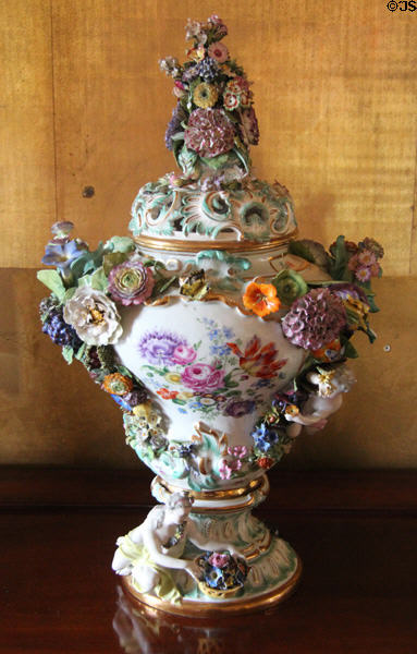Meissen vase with pierced top (c1830) in State Dining Room at Hopetoun House. Queensferry, Scotland.