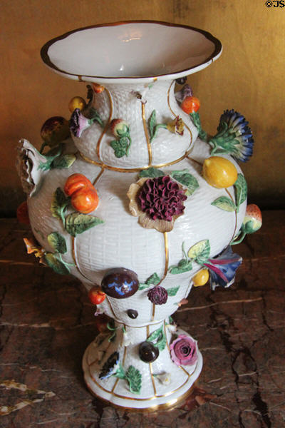 Meissen vase decorated with flowers & fruit (1830) in State Dining Room at Hopetoun House. Queensferry, Scotland.