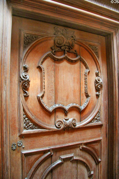 Ornate wooden door at Hopetoun House. Queensferry, Scotland.