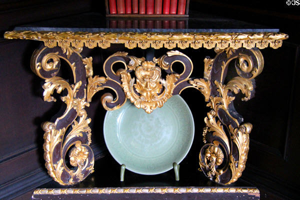 Ornate gilded corner table & celadon bowl (Ming Dynasty) in Antechamber at Hopetoun House. Queensferry, Scotland.