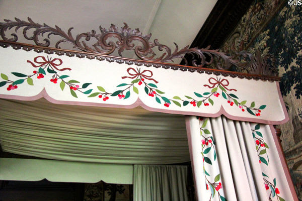 Pierced carving round test of four poster bed in West Wainscot Bedchamber at Hopetoun House. Queensferry, Scotland.