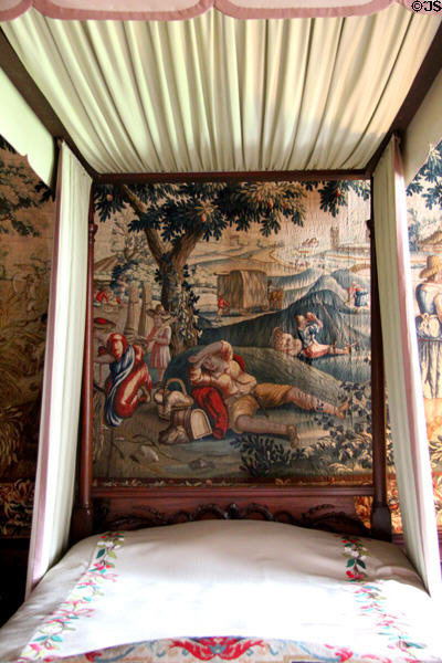 Tapestries behind four poster bed in West Wainscot Bedchamber at Hopetoun House. Queensferry, Scotland.