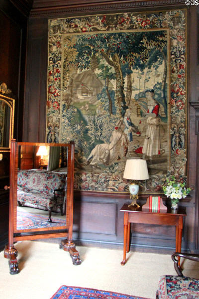 The Cherry Seller tapestry (late 17thC) & George IV mahogany framed cheval dressing glass in West Wainscot Bedchamber at Hopetoun House. Queensferry, Scotland.