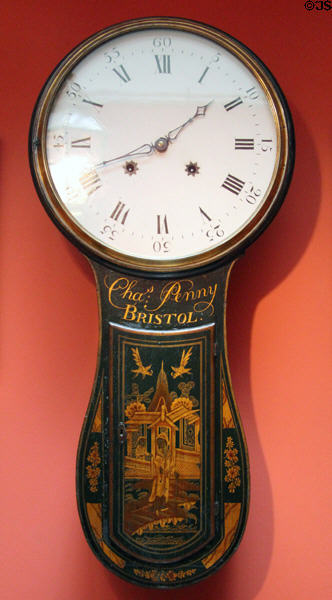 Charles Penny (Bristol) wall clock with Chinese style decorations at Lauriston Castle. Edinburgh, Scotland.