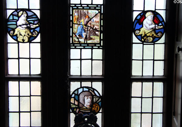 Stained glass insets (17thC, Dutch) in hallway windows at Lauriston Castle. Edinburgh, Scotland.