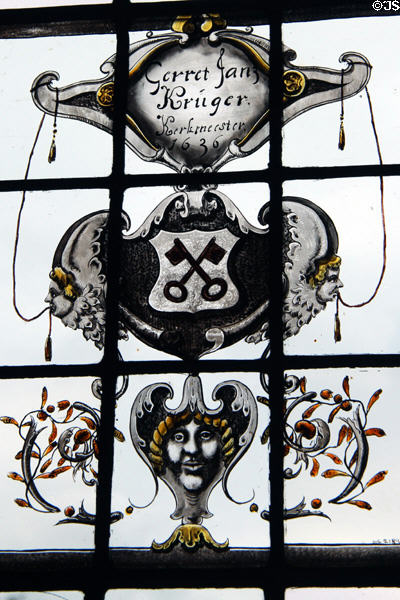 Stained glass inset (1638) in hallway window at Lauriston Castle. Edinburgh, Scotland.