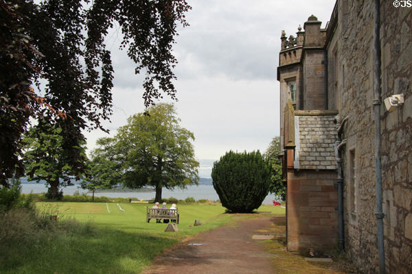 Parkland with view of Firth of Forth at Lauriston Castle. Edinburgh, Scotland.