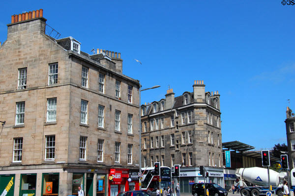 Town square of Edinburgh district of Leith with 1880s stone buildings. Edinburgh, Scotland.
