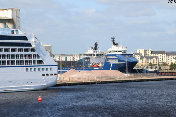 Cruise ship & offshore oil support vessels in Leith harbor. Edinburgh, Scotland.