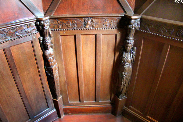 Wood carvings on walls in octagonal tower room at Abbotsford House. Melrose, Scotland.