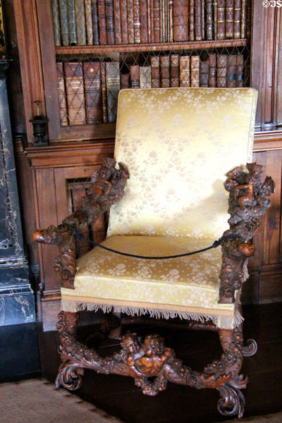 Carved Italian armchair (18thC) in library at Abbotsford House. Melrose, Scotland.