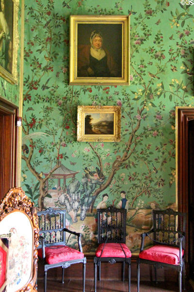 Chinese wallpaper (1822) with Chinese scenes, birds, flowers & fruit in drawing room at Abbotsford House. Melrose, Scotland.
